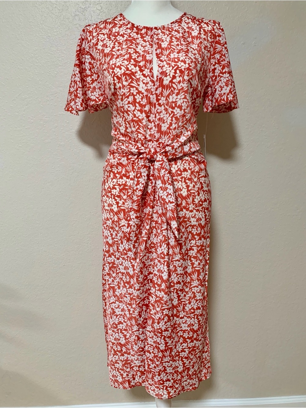 Lauren Ralph Lauren Red and White Floral Midi Dress with Tie Waist